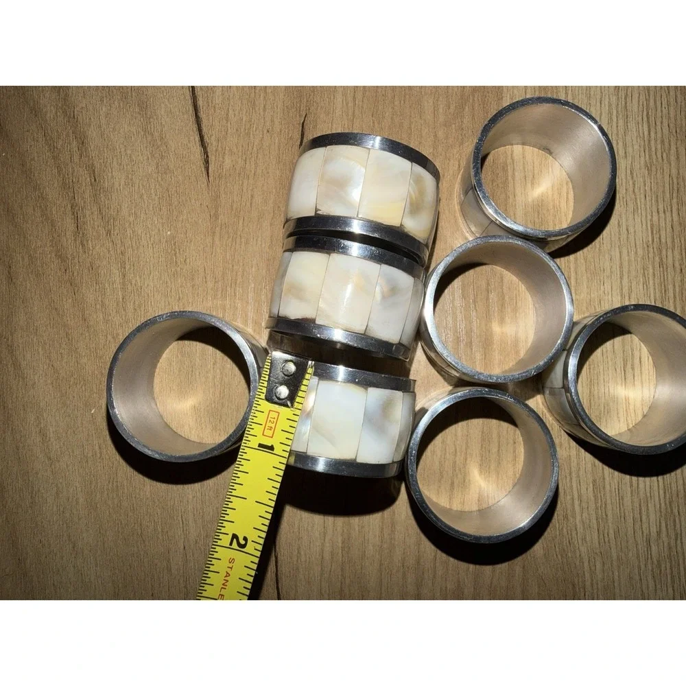 Mother of Pearl Abalone Shell Silver Tone Chrome Napkin Ring Set 6 Pcs Beachy